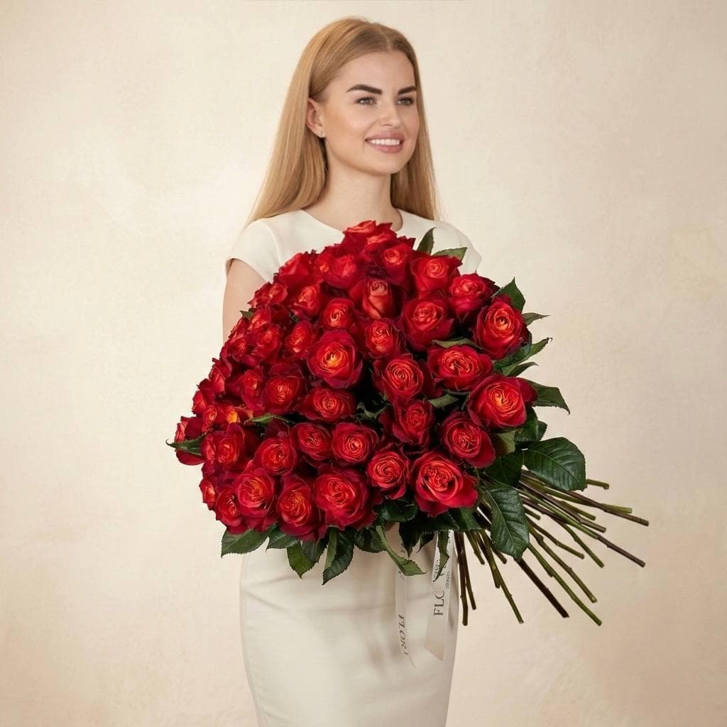 Шикарный букет роз / Оранжевые розы 51шт / Премиум букет / Рыжая роза