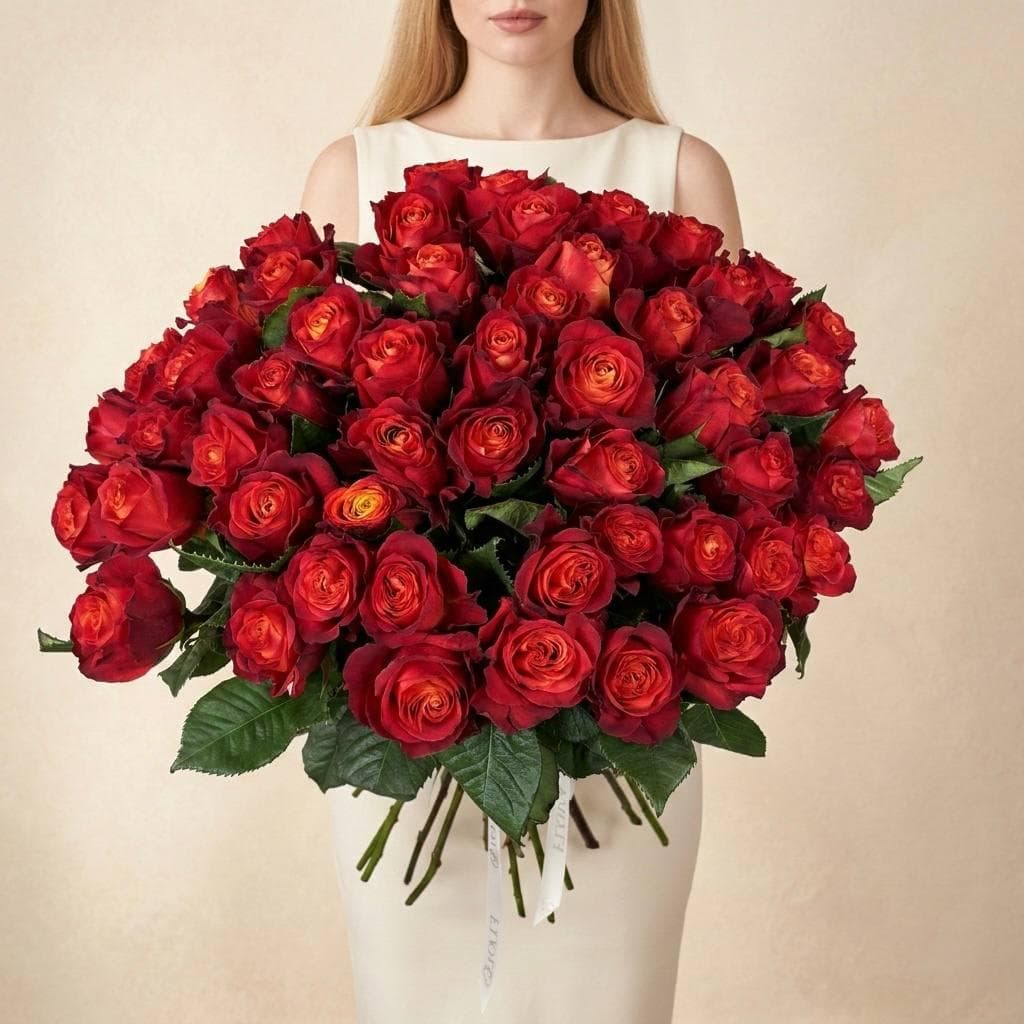 Шикарный букет роз / Оранжевые розы 51шт / Премиум букет / Рыжая роза