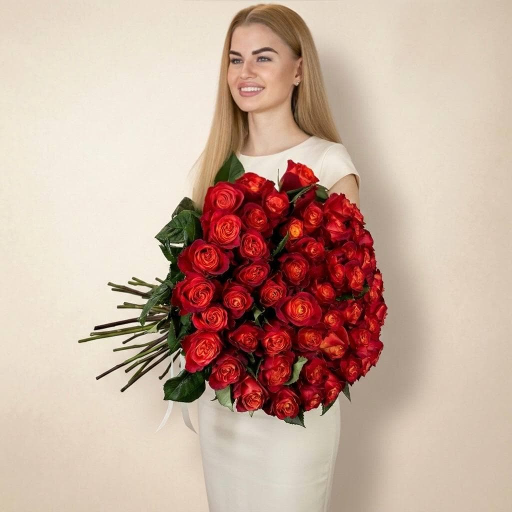 Шикарный букет роз / Оранжевые розы 51шт / Премиум букет / Рыжая роза