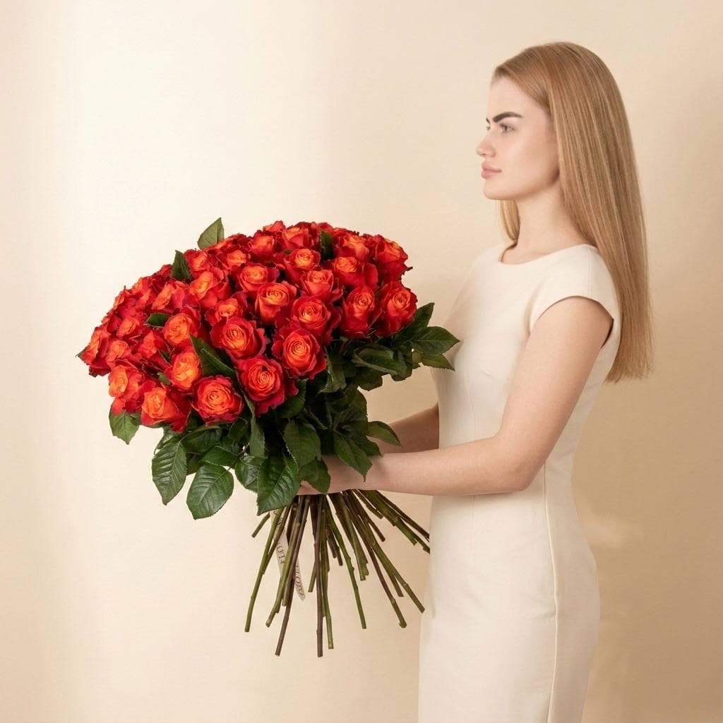 Шикарный букет роз / Оранжевые розы 51шт / Премиум букет / Рыжая роза