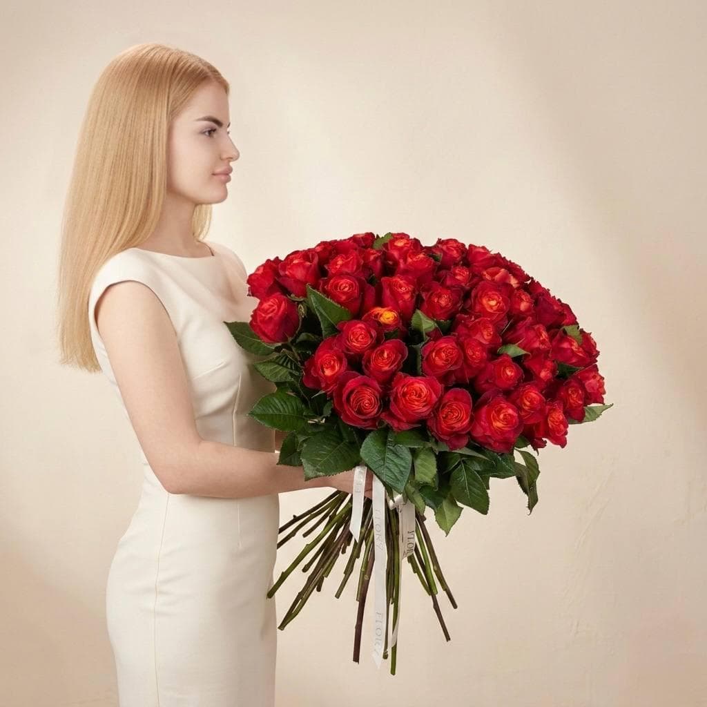 Шикарный букет роз / Оранжевые розы 51шт / Премиум букет / Рыжая роза