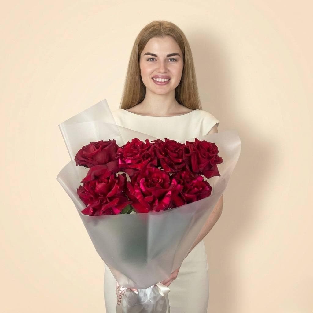 Букет роз: Французские розы 7шт / Красная роза шикарная️ Сорт: Red Panther (Ред Пантер)