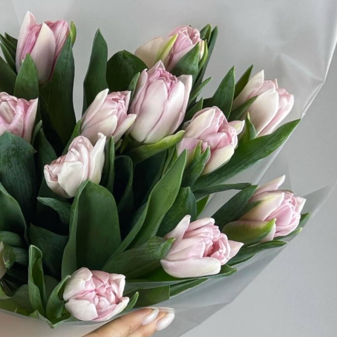 Пионовидные тюльпаны / Розовые тюльпаны / Красивый букет из тюльпанов / 15 тюльпанов