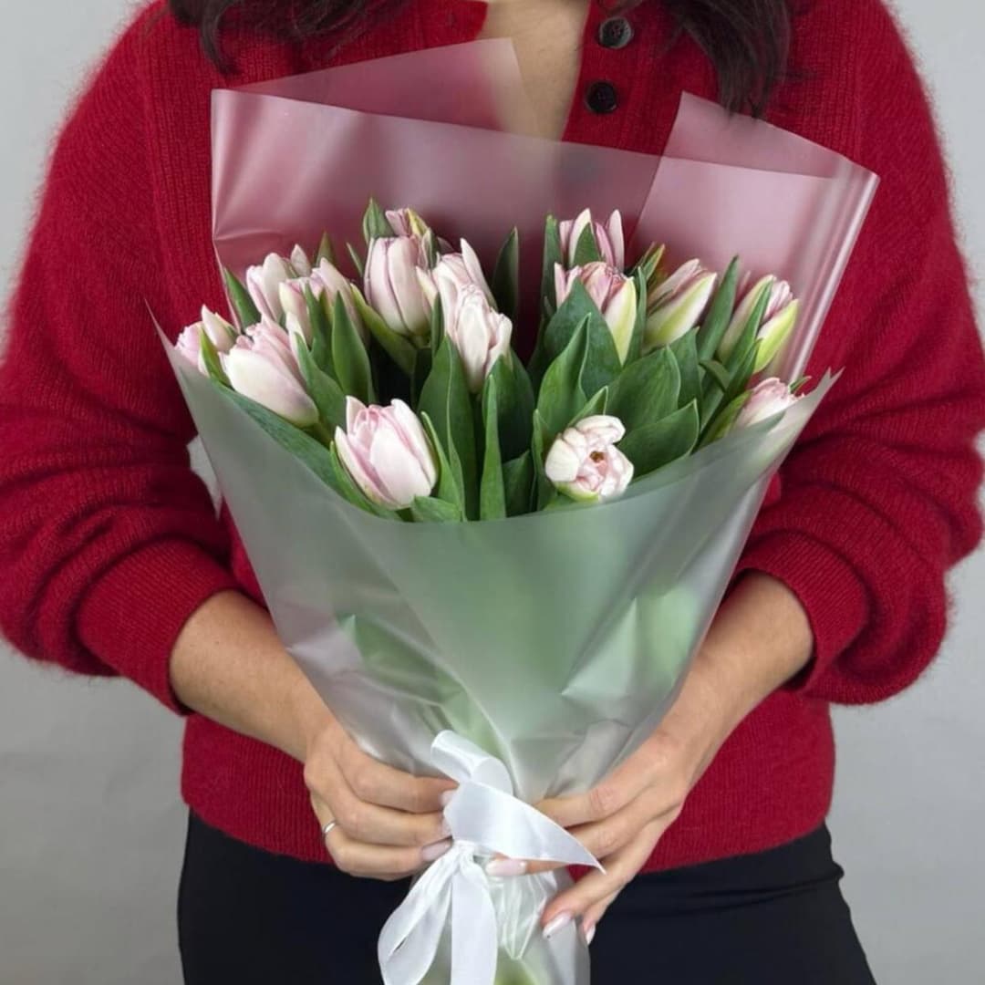Пионовидные тюльпаны / Розовые тюльпаны / Красивый букет из тюльпанов / 15 тюльпанов