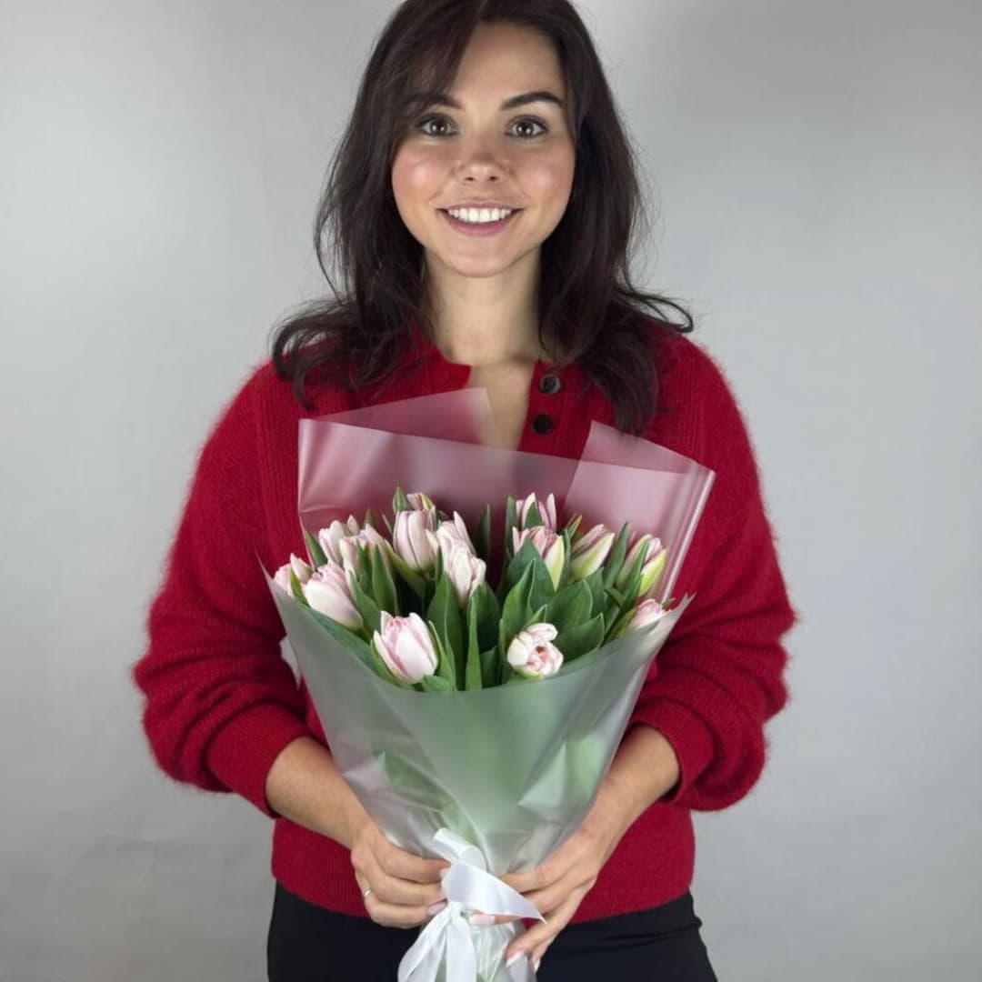 Пионовидные тюльпаны / Розовые тюльпаны / Красивый букет из тюльпанов / 15 тюльпанов