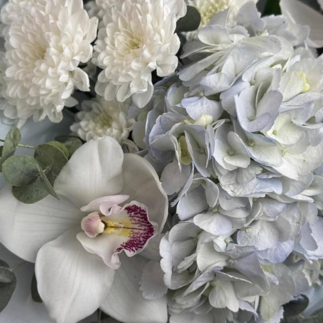 Красивый букет: гортензия, орхидея, кустовая хризантема и эвкалипт.