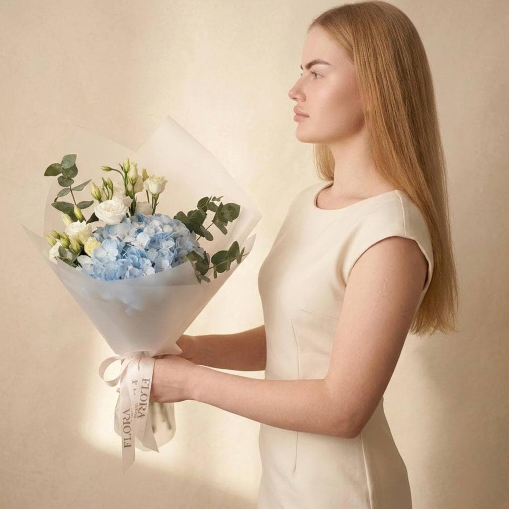 Красивый букет / Гортензия, эустома, эвкалипт